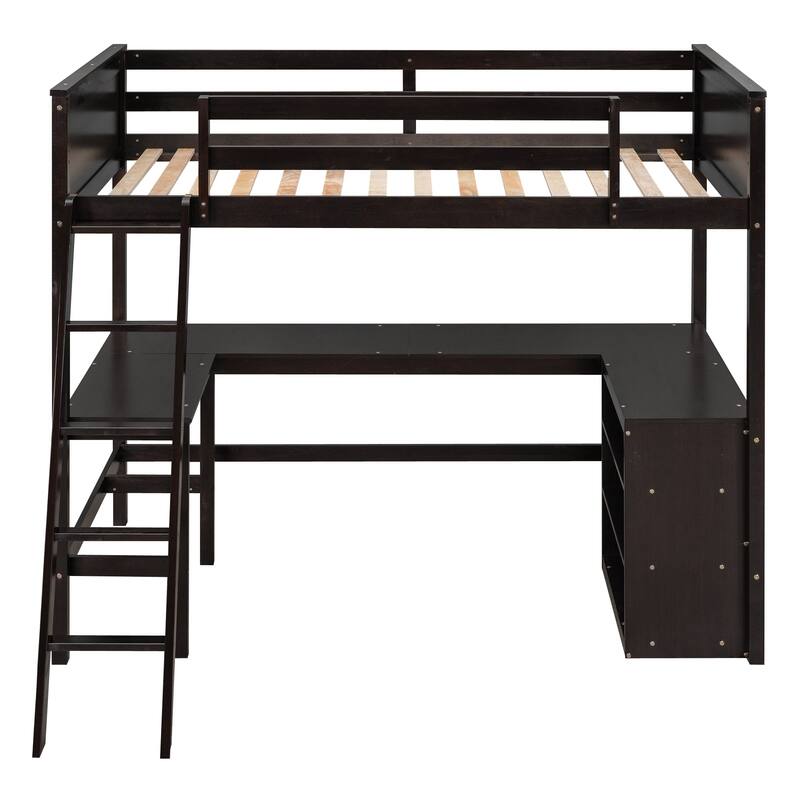 Space-Saving Twin Loft Bed with Built-in Desk and Shelves, Solid Pine Wood Frame