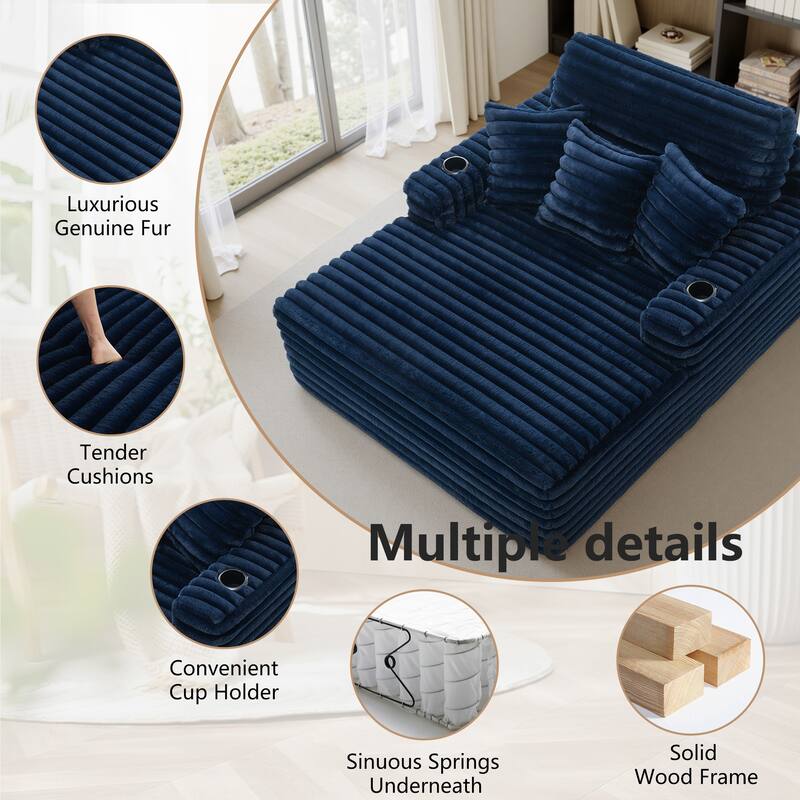 53"W Oversized Plush Fur-Like Chaise Lounge Sofa with Cup Holder