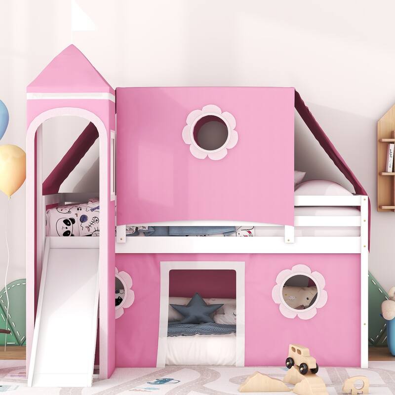 Pink Pine Wood Castle-Inspired Bunk Bed with Slide and Ladder - Tent
