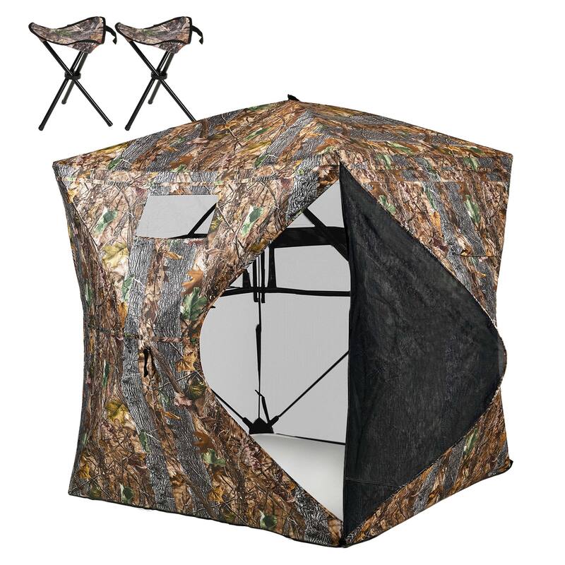 Moasis Hunting Blind 2-3 Person with Hunting Stool, 360 Degree See Through Pop up Ground Blinds for Hunting - Brown - 80"