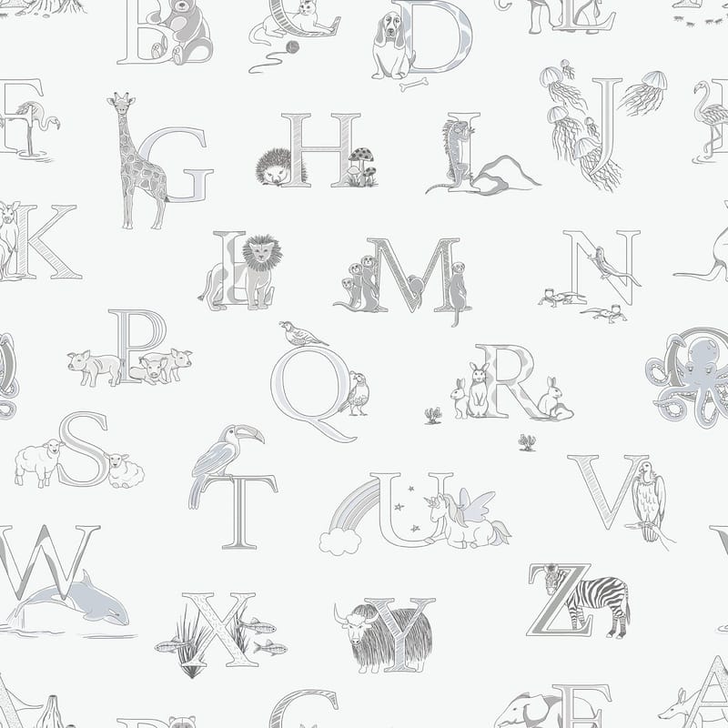 Galerie Wallcoverings Just 4 Kids 2 Letter Animals Non-woven Matte Wallpaper Roll - 33 feet x 21 inches - Grey