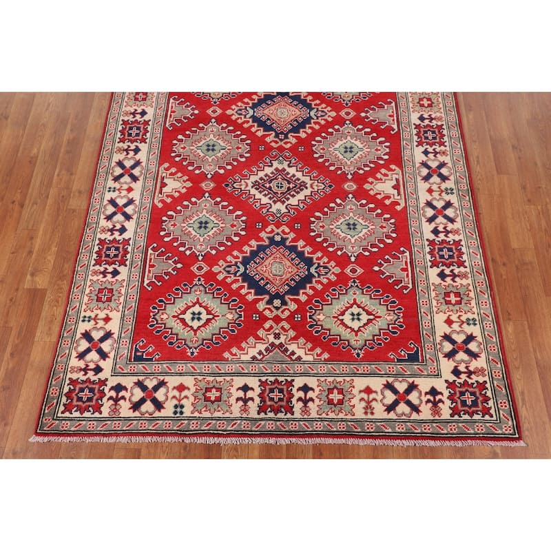 Traditional Red Kazak Rug Hand-Knotted Oriental Wool Carpet - 5'0" x 6'7"