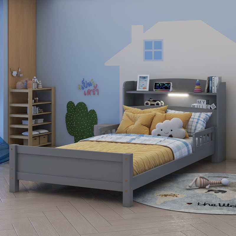 Pine Wood Twin Bed with Bookcase, LED Motion Sensor Light, Guardrails for Safety