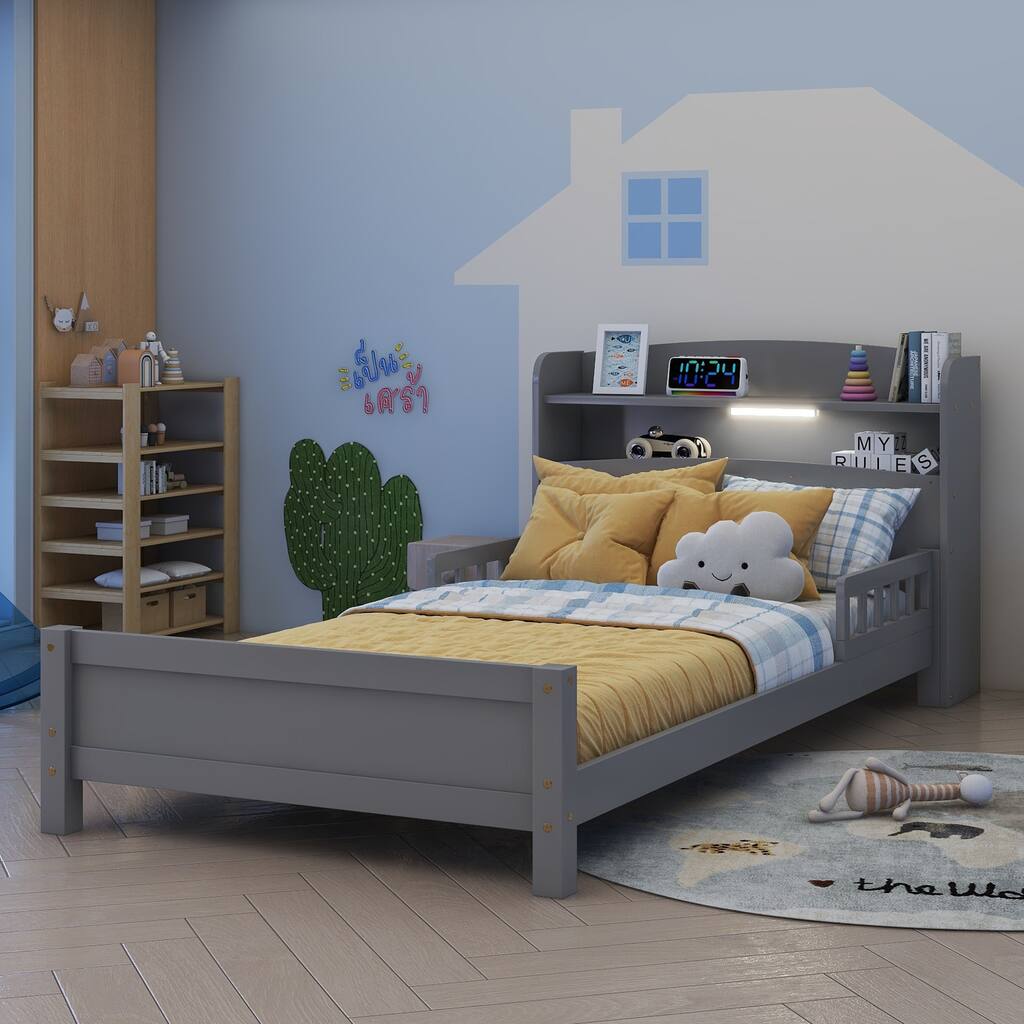 Twin Pine Wood Bed with Bookcase Headboard, LED Motion Sensor Light & Guardrails,Grey