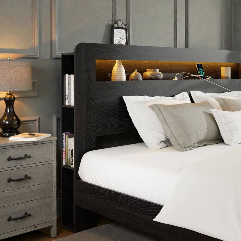 Wood Platform Bed Frame with LED Storage Headboard, USB Charging Ports, Noise-Free Design & Large Underbed Storage