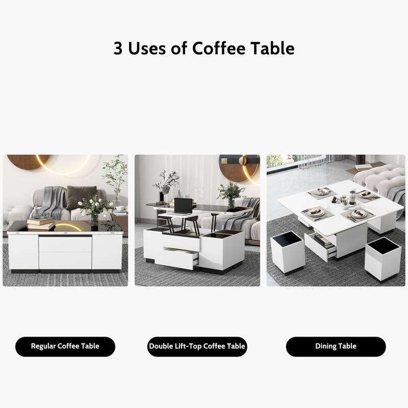 Modern White Lift Top Tempered Glass Coffee Table with Drawers