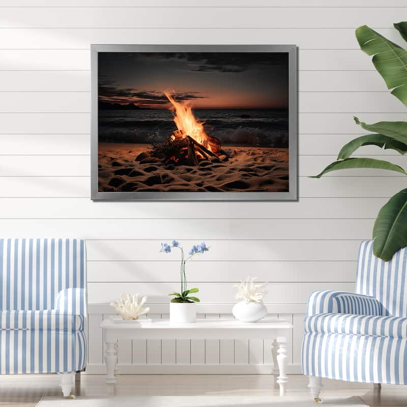 Designart "Beachside Fir At Sunset II" Nautical & Beach Framed Canvas Art Print - Silver - 32 in. wide x 16 in. high