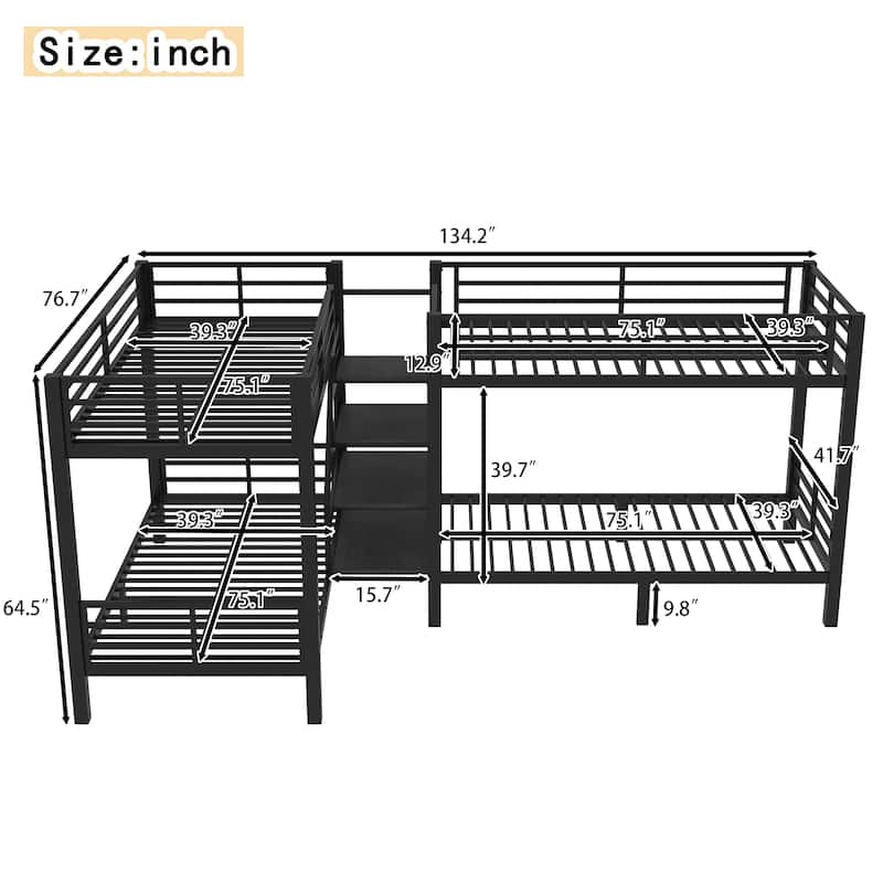 Twin L-Shaped Metal Bunk Bed with Storage Shelves & Safety Guardrail