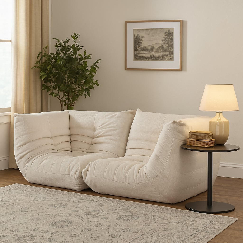 Ezee 2pc Modular Loveseat Sofa Set, Low Profile Floor Seating Cream Pleated Polyester