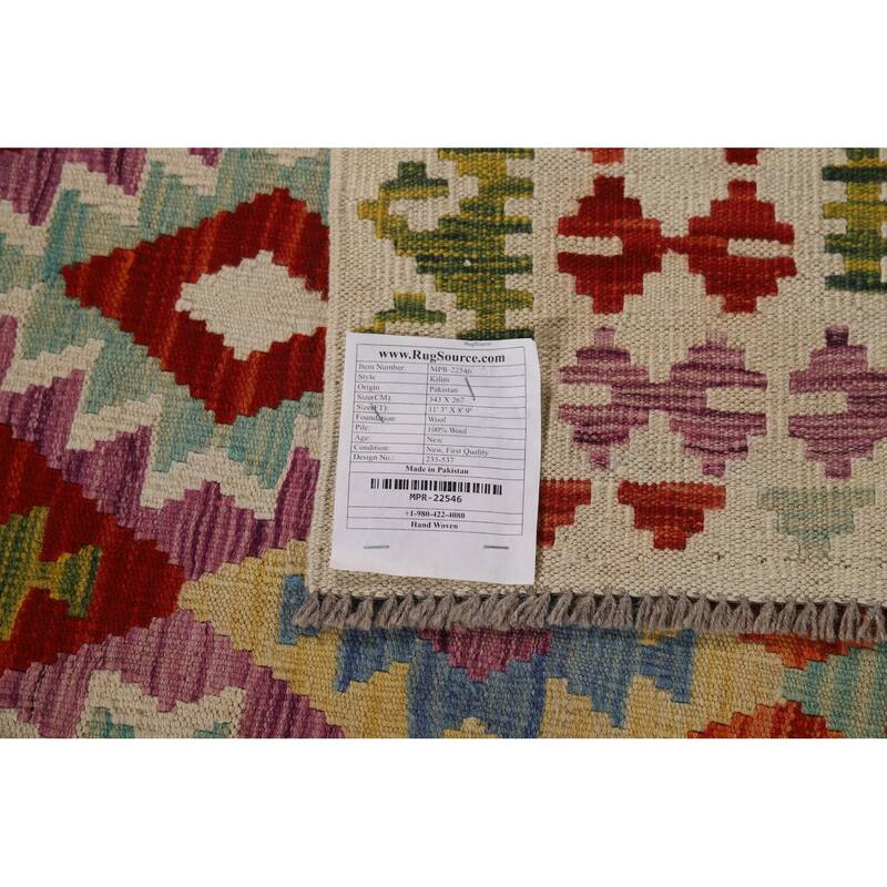 Reversible Geometric Kilim Area Rug Flatweave Wool Carpet - 8'9" x 11'3"