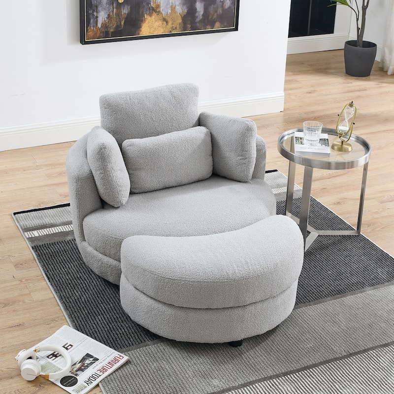 Grey Teddy 52" Upholstered Swivel Barrel Chair with Moon Storage Ottoman