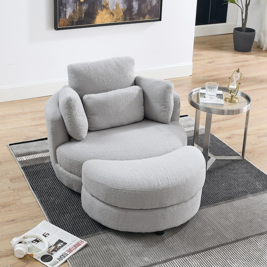 Modern Accent Round Loveseat Circle Swivel Barrel Chairs for Bedroom Cuddle Sofa Chair Lounger Armchair, 4 Pillows, Teddy Fabric