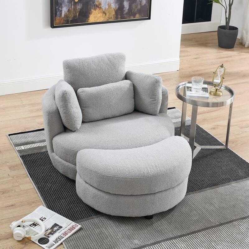 Oversized Teddy Fabric Swivel Barrel Chair with Moon Ottoman & 4 Pillows