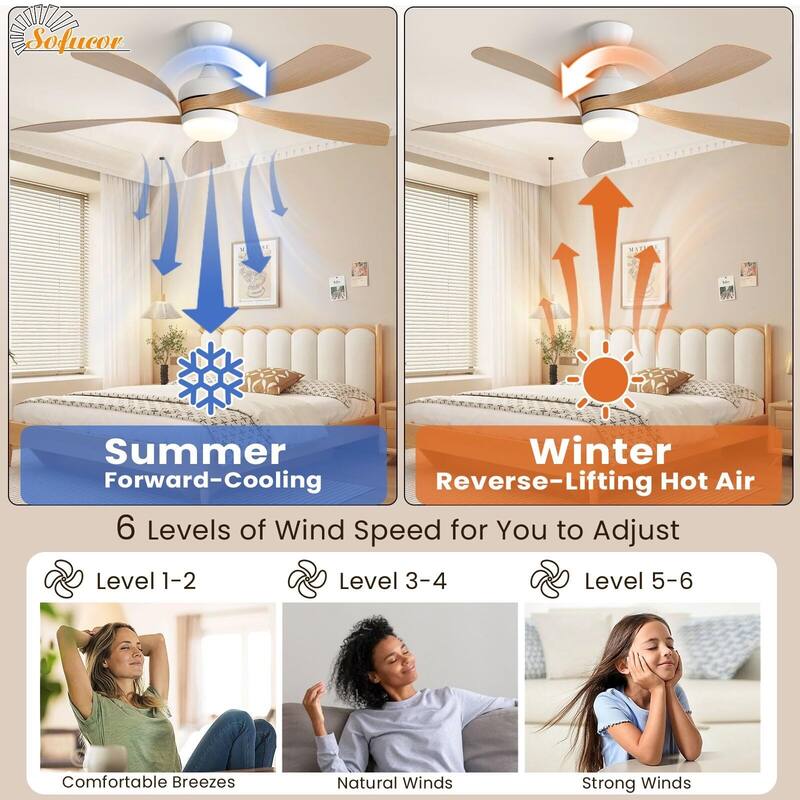 52 Inch Ceiling Fan with Remote & Lights Quiet DC Motor 5 Blade High CFM Modern Fan