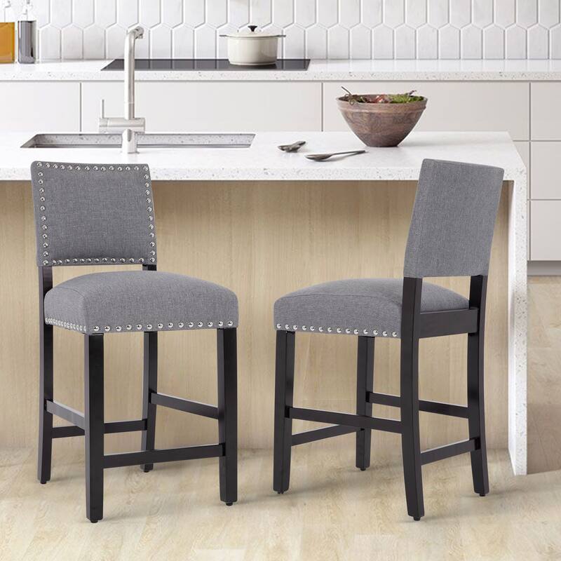 24 Inches Fabric Upholstered Counter Height Bar stools with Back and Silver Nailhead Trim Set of 2