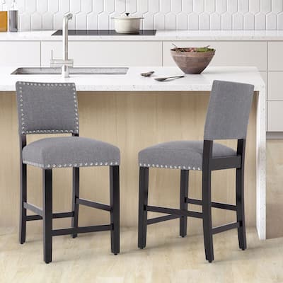 24 Inches Fabric Upholstered Counter Height Bar stools with Back and Silver Nailhead Trim Set of 2