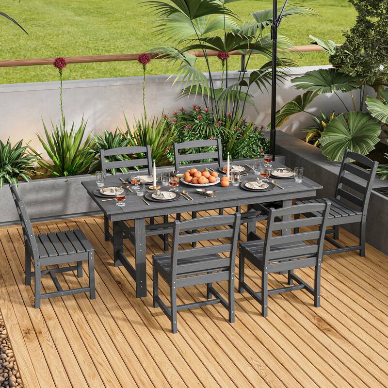 Outdoor Dining Table and Chair Set: HDPE Material, Wood - Grain Design