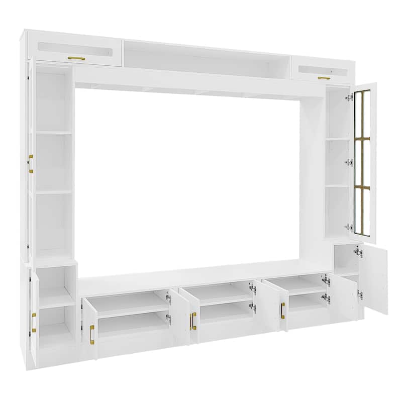 80 inch TV Stand, 8.4 ft Wall Unit Entertainment Center with Bookshelves & Glass Door Cabinets
