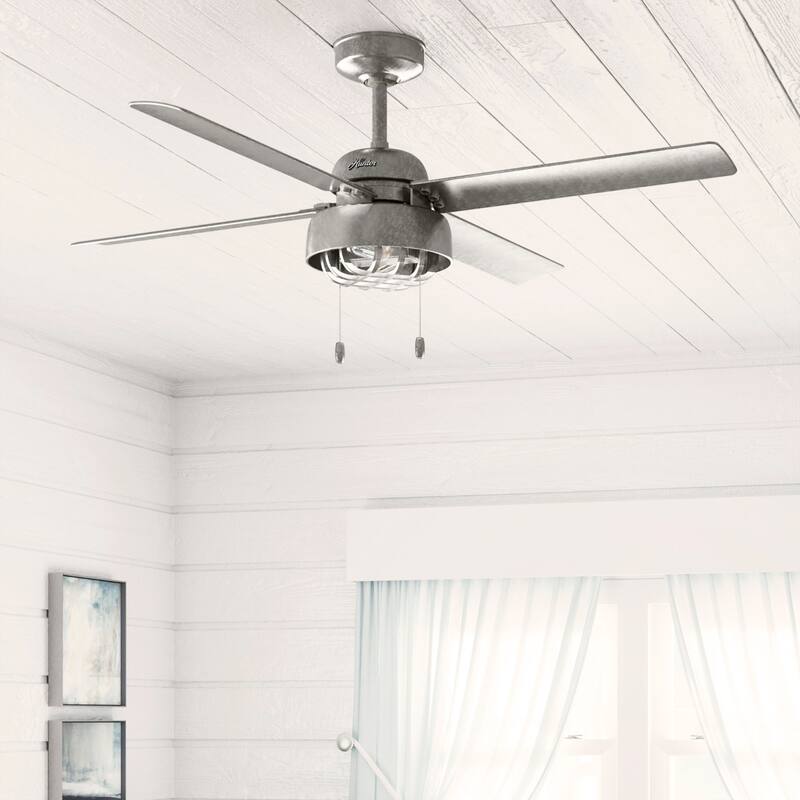 Hunter 52" Spring Mill Outdoor Ceiling Fan w/ LED Light and Pull Chain, Damp-Rated - Industrial, Transitional, Caged - Galvanized