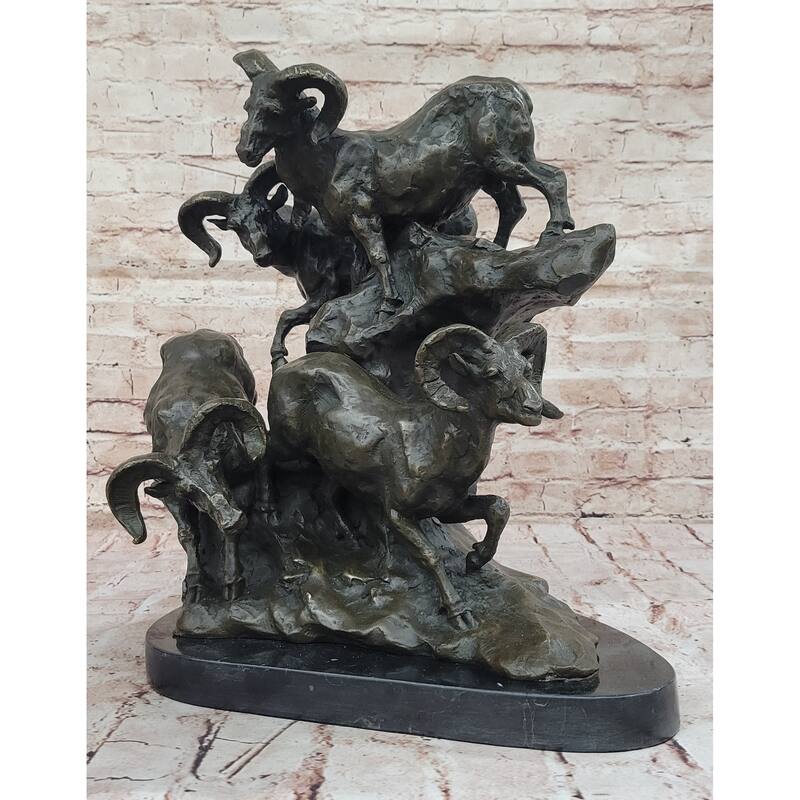 Dynamic Bronze Sculpture Of Rams On Rocky Outcrop – Wildlife Scene On Marble Base