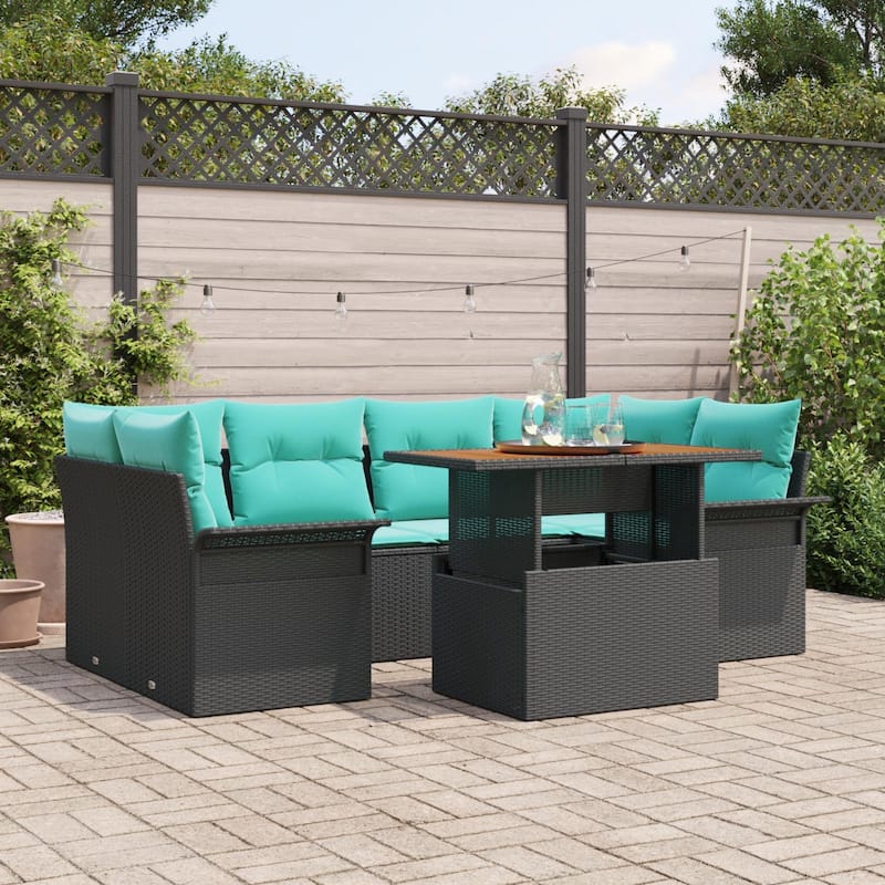 vidaXL 7 Piece Garden Sofa Set with Cushions Black Poly Rattan - 92.1×52.2×27.2