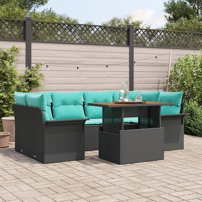 vidaXL 7 Piece Garden Sofa Set with Cushions Black Poly Rattan - 92.1×52.2×27.2