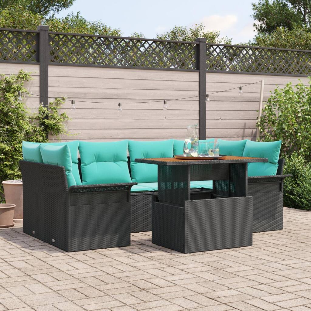 vidaXL 7 Piece Garden Sofa Set with Cushions Black Poly Rattan - 92.1×52.2×27.2