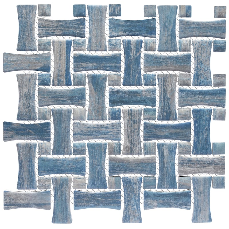Merola Tile Cassis Dog Bone Basketweave Blue w/ Blue Dot 10" x 10" Porcelain Floor and Wall Tile