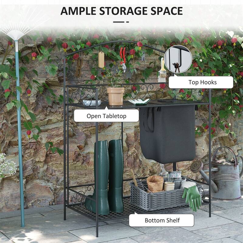 Folding Garden Potting Bench with Shelves, Hooks & Workstation - 33.5" L x 17" W x 47.25" H