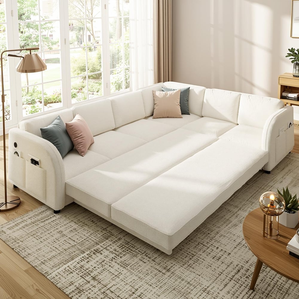 Homy Casa 85"/115" L-Shaped Sectional Sofa Bed USB & Side Pocket, Teddy Fabric Pull-Out Sleeper, Reversible Chaise, Multi Colors