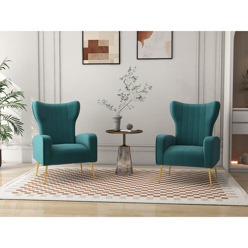 2 Set Velvet Accent Chair Upholstered Living Room Arm Chair - PEACOCK BLUE