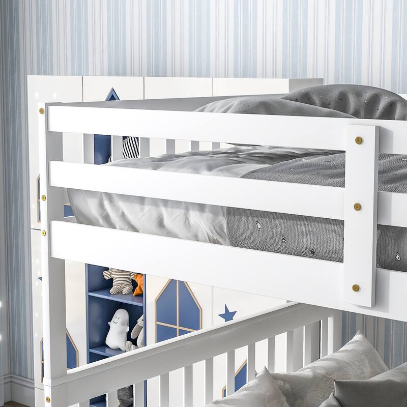 Rustic Full Over Full Bunk Bed with Detachable Beds, Staircase, Safety
