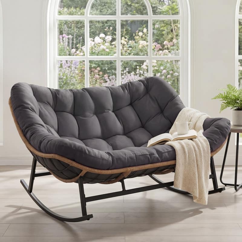 FINCATI Double Papasan Rocking Chair Outdoor Indoor, 700 lbs Heavy-Duty Double Wide Rocking Chair with 5.1 Inch Thick Cushion - 1 PC-Grey