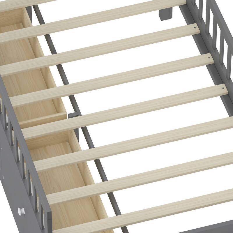 Twin Size Platform Bed Frame with 4 Storage Drawers & Guardrail Headboard for Bedroom, Wooden Kids Storage Bed with Ladder