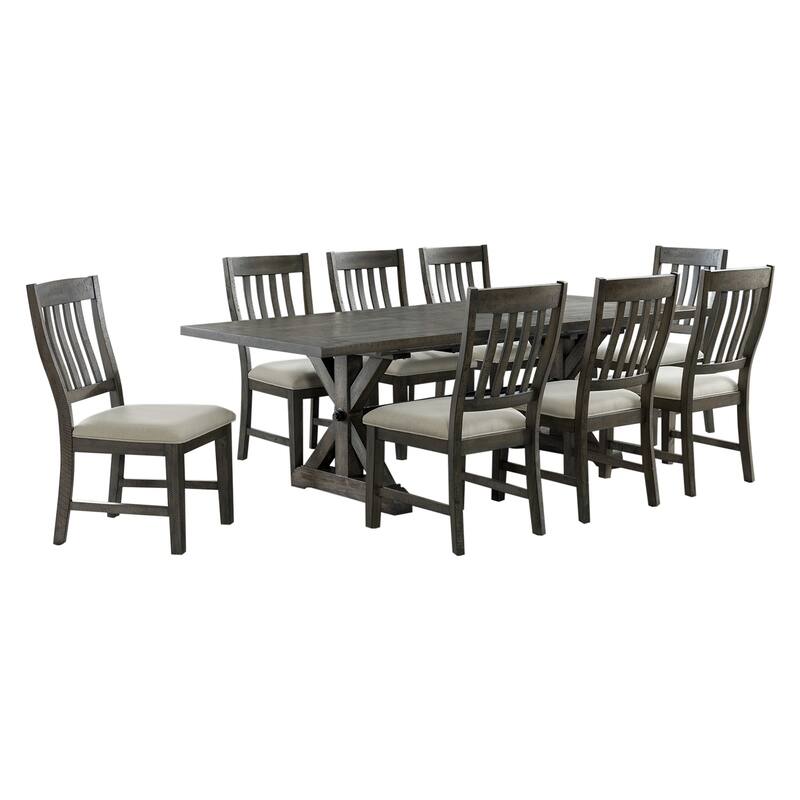 Extendable Dining Table Set - 9 Piece Rectangular Table & Chairs - Gray Wood Finish - Seats 8
