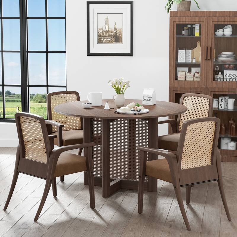 Farmhouse Kitchen Dining Room Table Furniture Round Kitchen Table with Rattan Woven Legs for Kitchen Bar Living Room