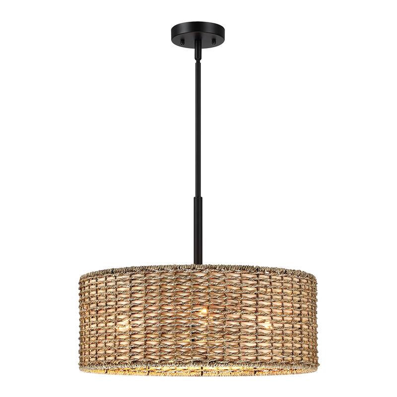 Lennie 4-Light Rattan Drum Chandelier with Black Canopy - 20'' W