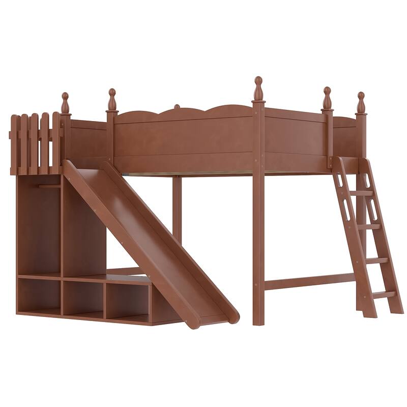 Full Loft Bed with Storage Shelves and Wardrobe, Solid Wood Loft Beds with Detachable Slide and Ladders, No Spring Box Needed