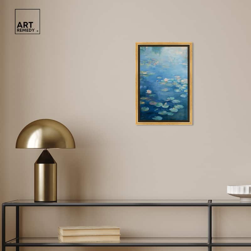 Art Remedy Lilypads In Blues Framed Impressionism 1 Piece Canvas Wall Art /Monet And Van Gogh Inspired Art