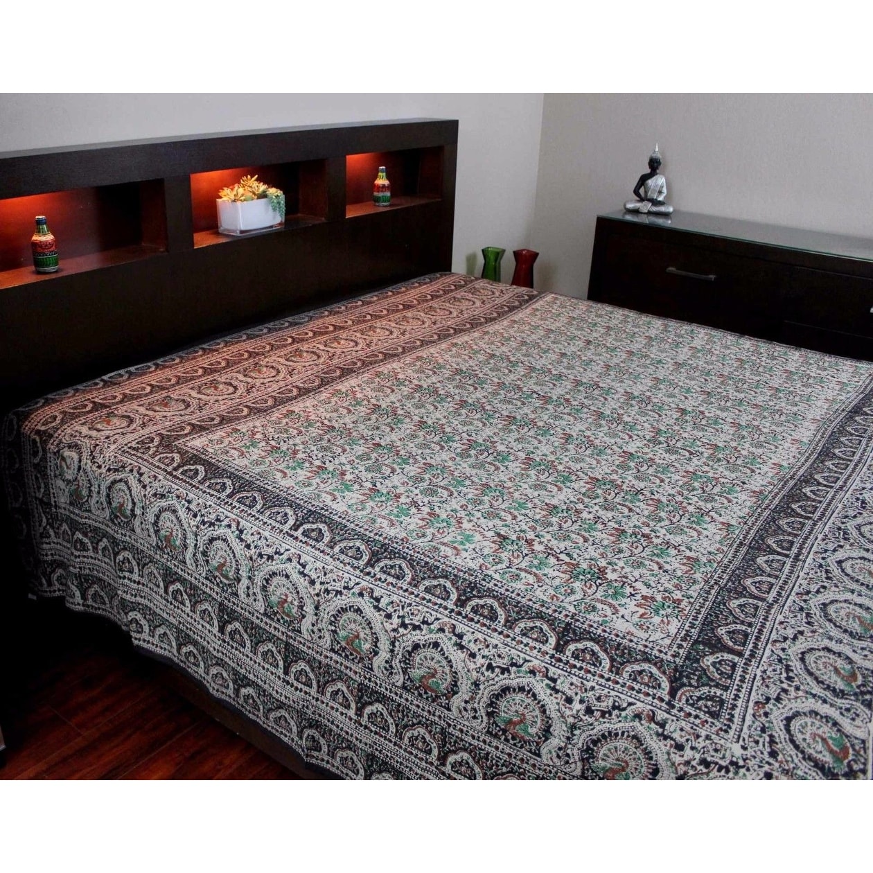 Handmade Peacock Floral Print Cotton Tapestry Coverlet Bedspread Beach Sheet Bed Sheet Green Tan Twin Full Overstock 13919817