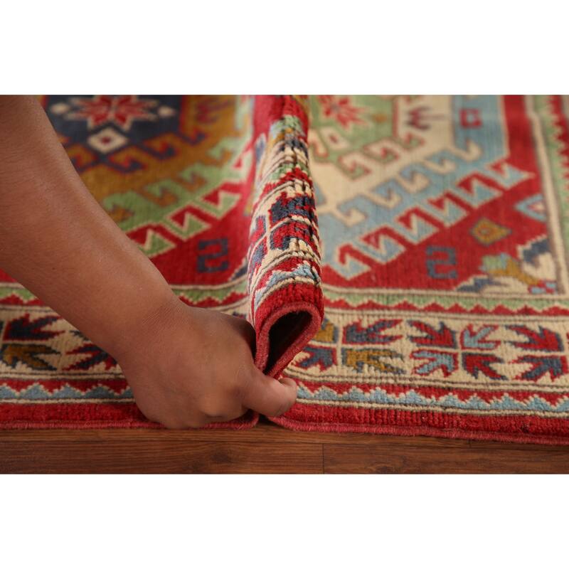Geometric Red Kazak Oriental Rug Handmade Wool Carpet - 3'3"x 5'1"