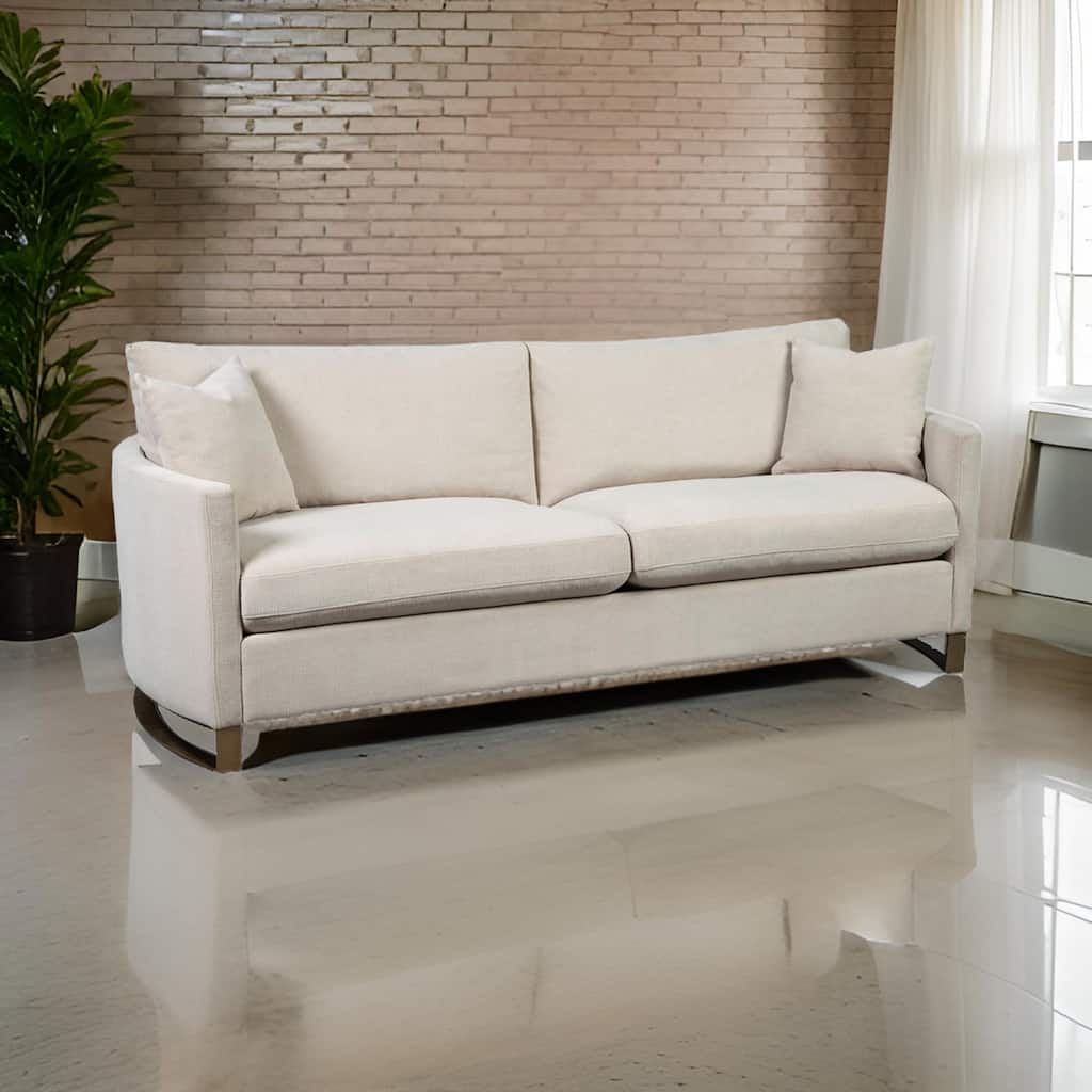 Fabric Upholstered Sofa with Metal Sled Base and Curved Armrests, Beige