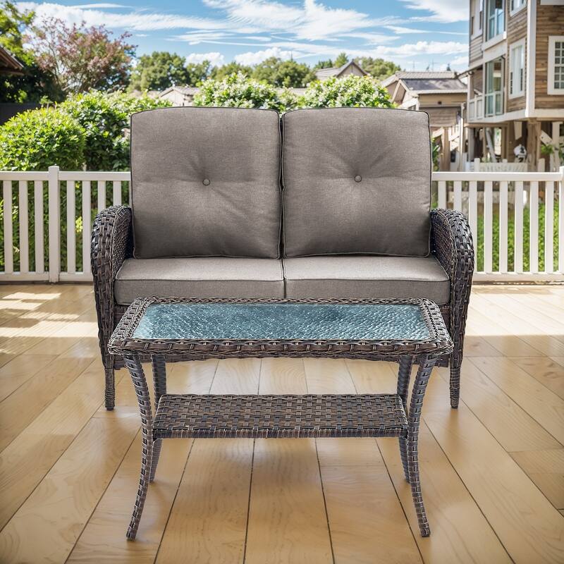 Gymojoy Outdoor Wicker Loveseat with Coffee Table and Outdoor Cushions