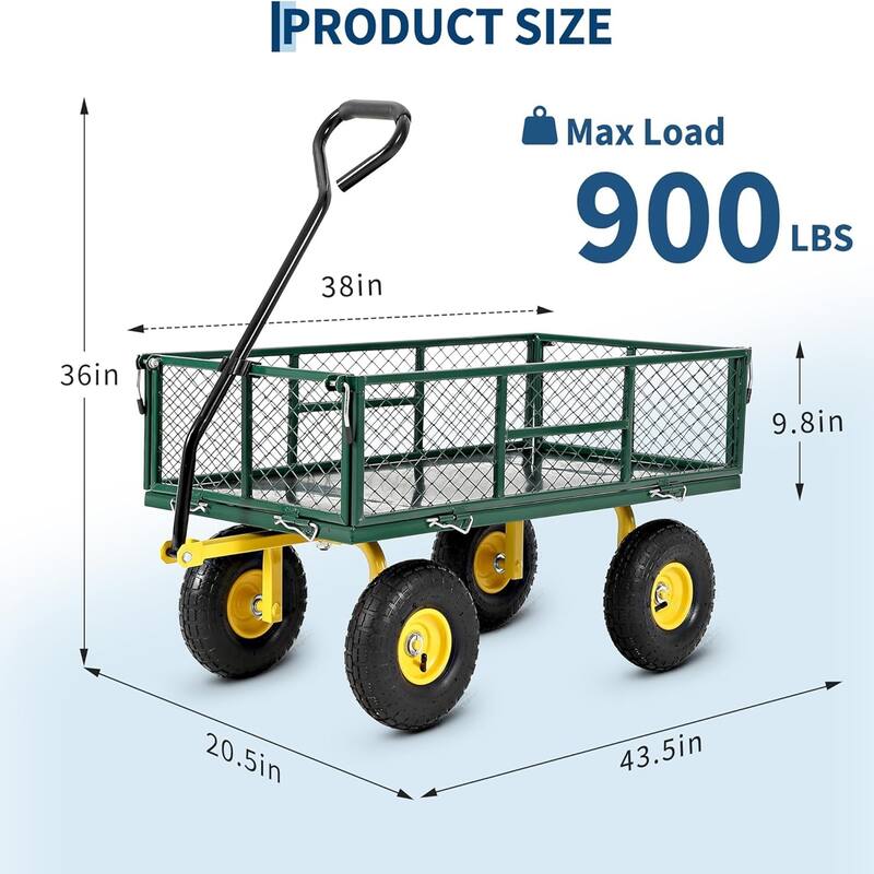 900-lb Capacity Steel Garden Cart Removable Mesh Sides Convert to Flatbed and 180Degree Rotating Handle Green