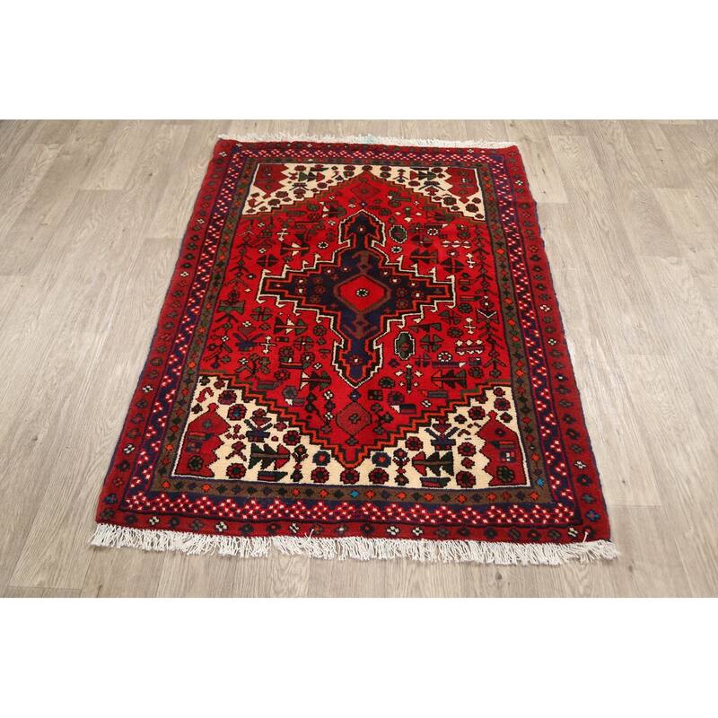 Geometric Tribal Hamedan Persian Area Rug Wool Hand-knotted Carpet - 3'5" x 4'7"