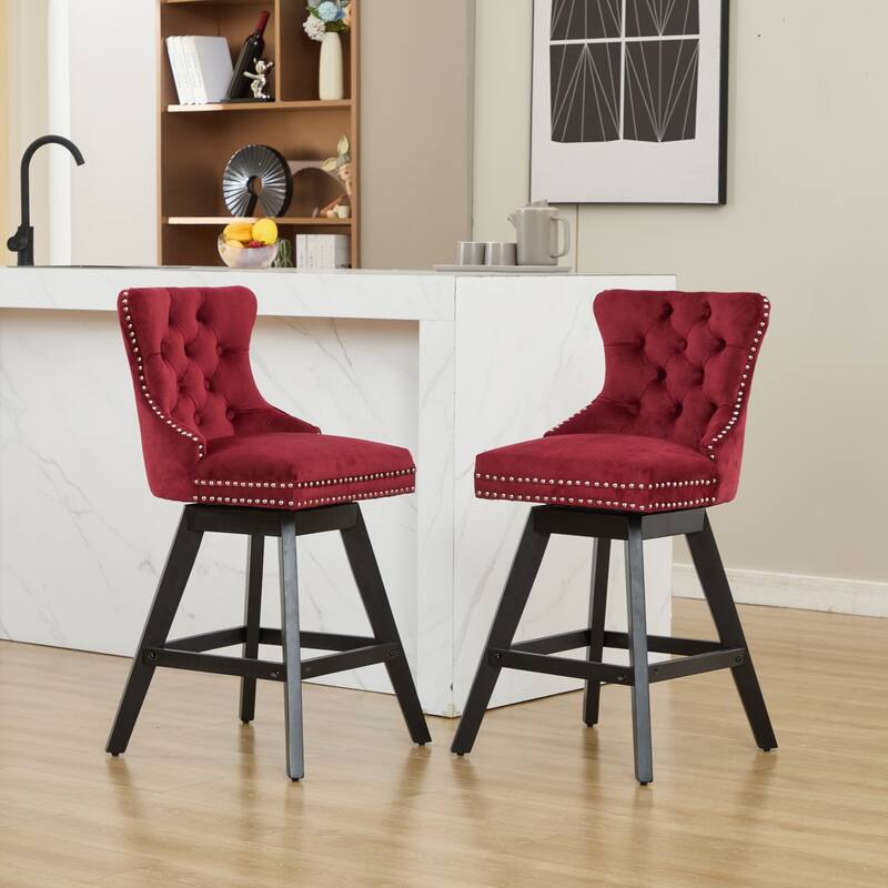 GDF Studio - Leisure Style Swivel Velvet Bar Stools with Button Tufted Decoration and Chrome Nailhead Trim (Set of 2)