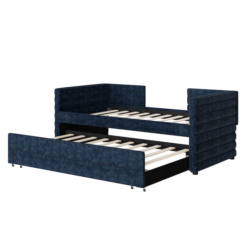 Twin Size Upholstered Daybed Short-haired Linen Fabric L-shape Sofa Bed Frame with Pull-out Trundle Bed and 3 Storage Drawers