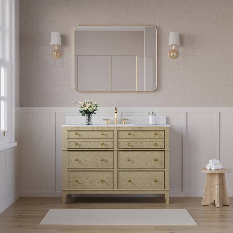 35''H Solid Wood Bathroom Vanity with Carrera White Quartz Top,Drawers And Single Sink