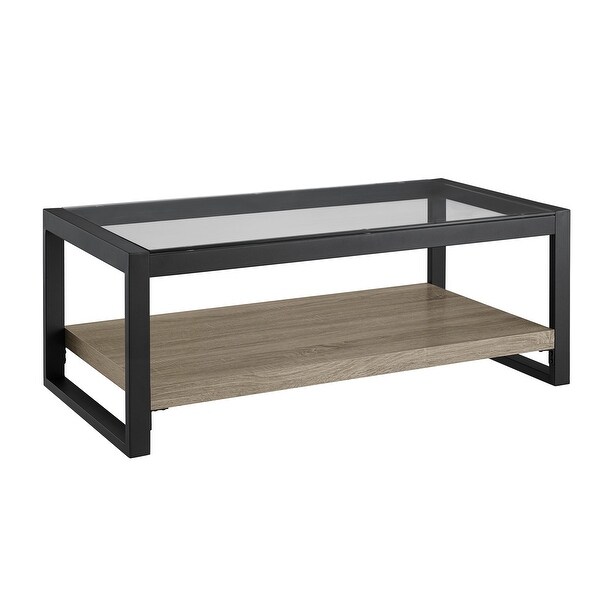 Delacora WE-BD48UBGL 48" Long Glass Top Wood and Steel Coffee Table - Driftwood