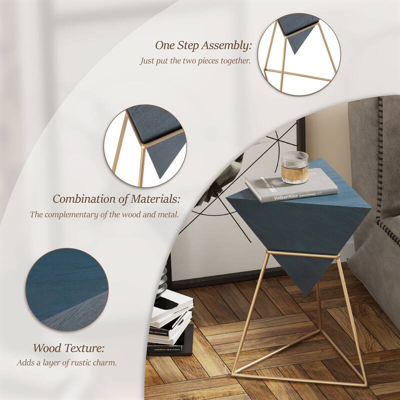 COZAYH Modern Geometric End Table with Wooden Top and Metal Base, Unique Pyramid Side Table Plant Stand for Office, Triangle